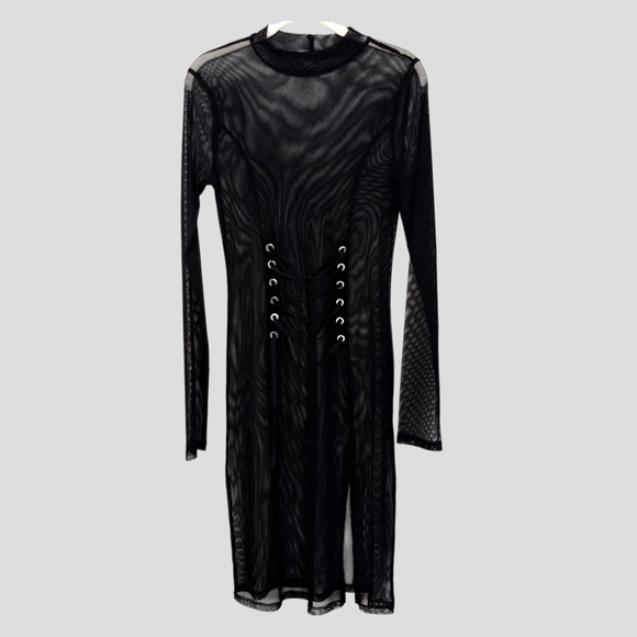 Y2K Black Sheer Mesh Corset Dress Velvet Trim Lace Up Front Fairygrunge Goth S - Picture 2 of 9